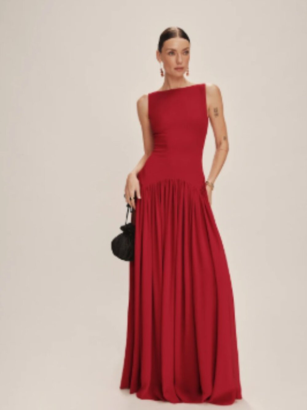 Reformation Red Sleeveless Maxi Dress with Gathered Skirt